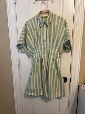 Exquise Green & White Striped Dress Large Tobie Shirt Dress
